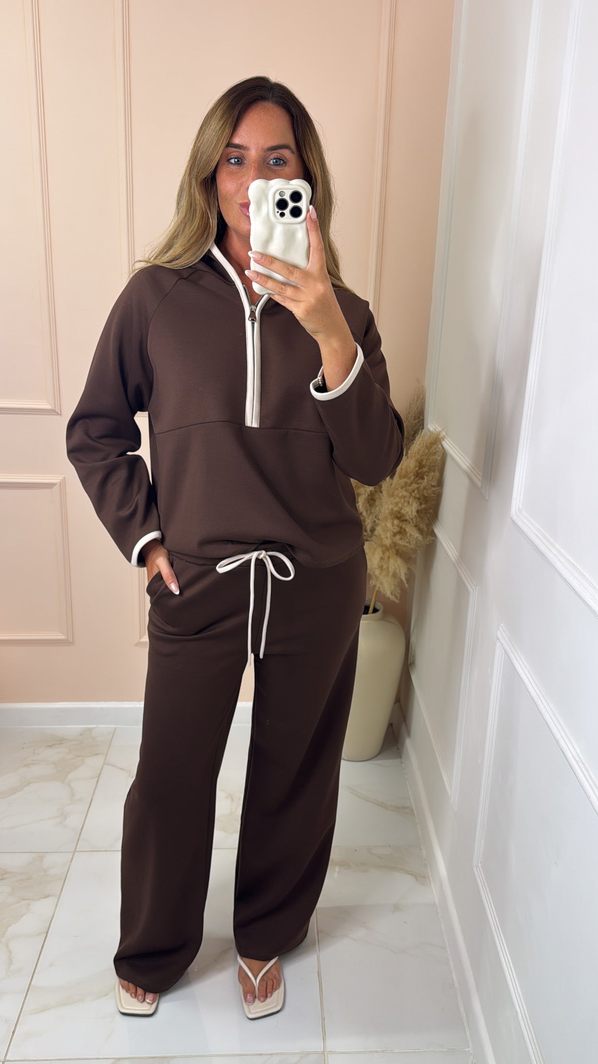 HOLLIE brown hooded half zip contrast lounge set