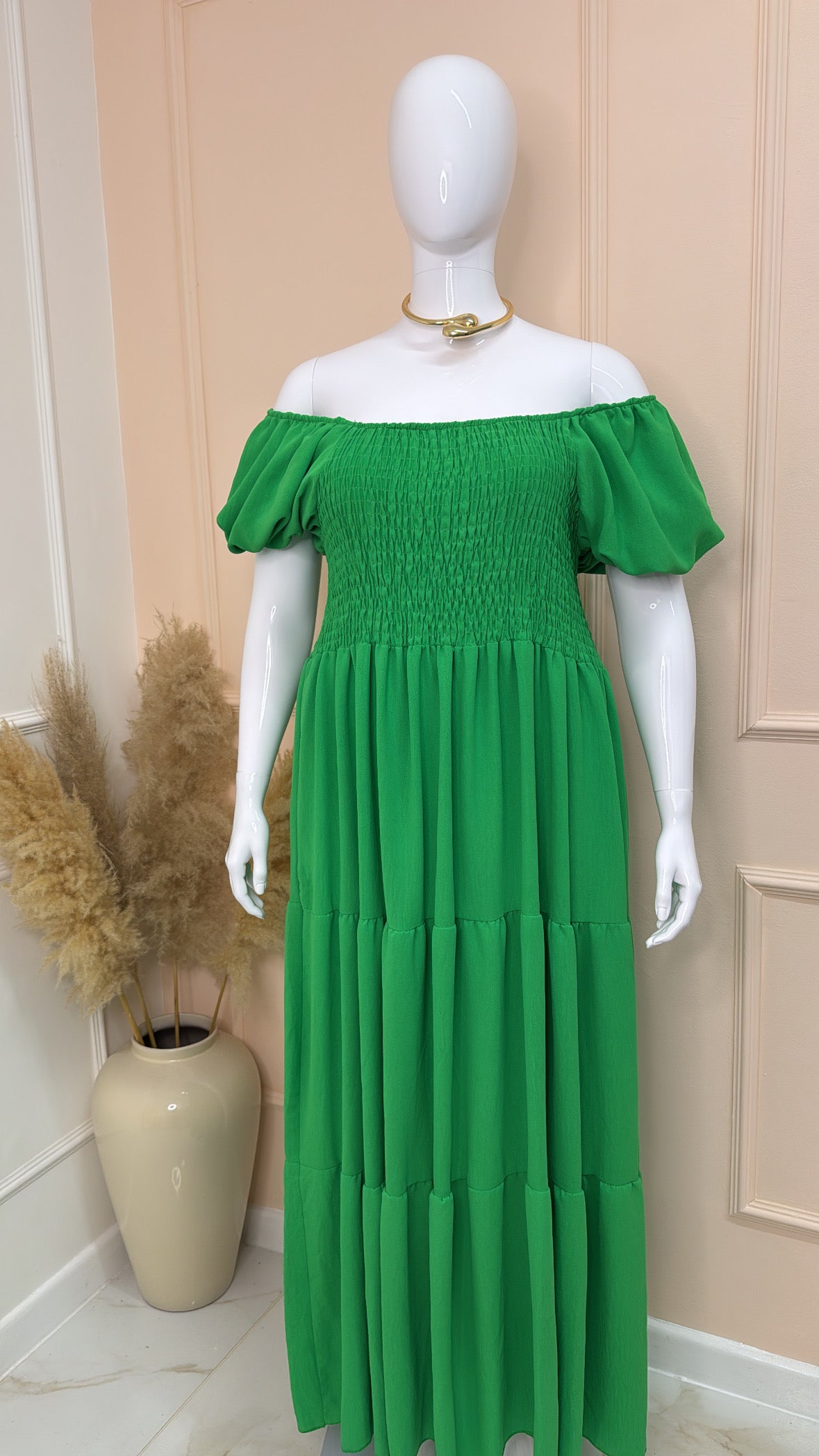 LACEY green tiered bardot maxi dress Adela Boutique LACEY green tiered bardot maxi dress Adela Boutique