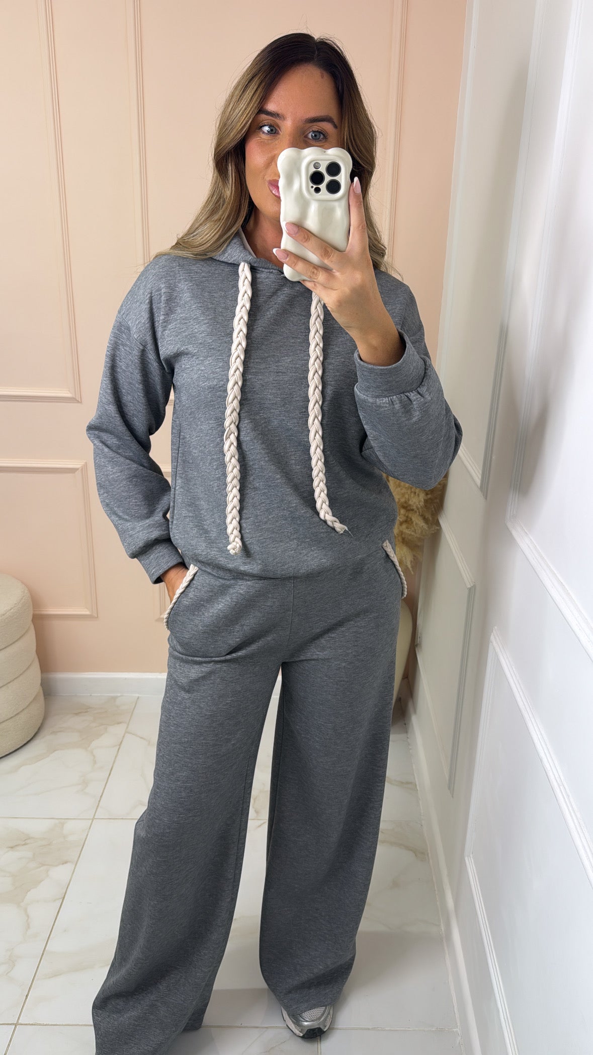 NANCY grey plait detail hooded lounge set