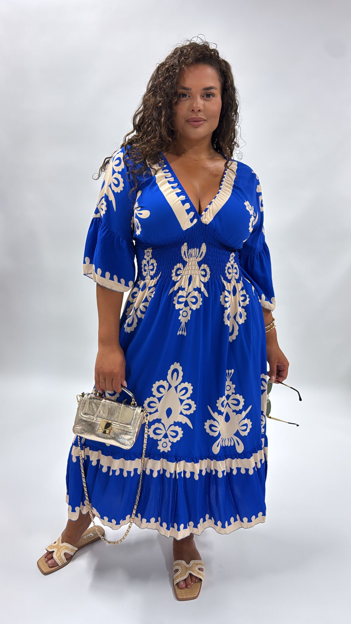 BRODIE blue printed shirred maxi dress