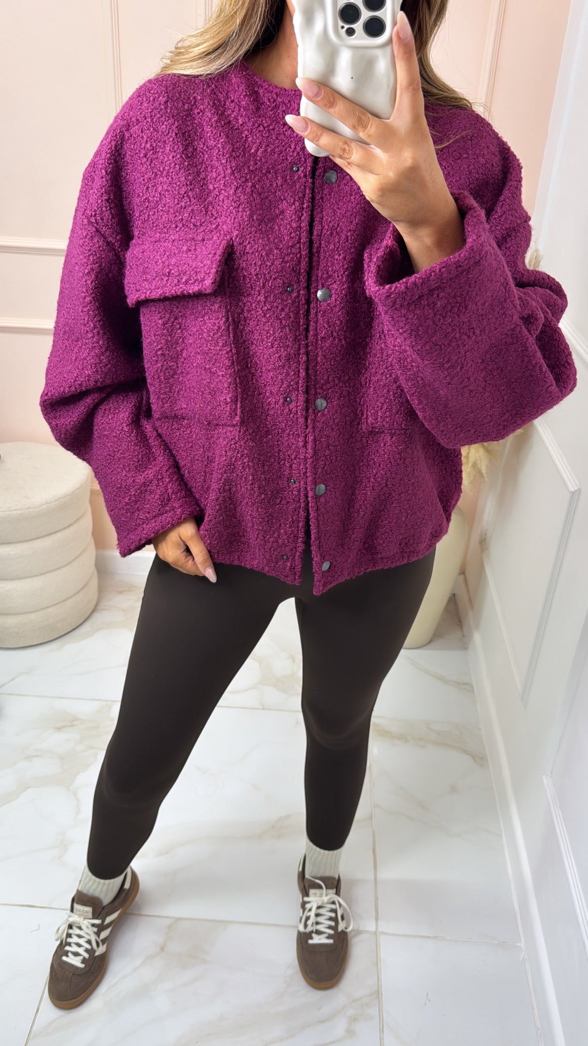 REMI magenta woolen effect oversized bomber jacket