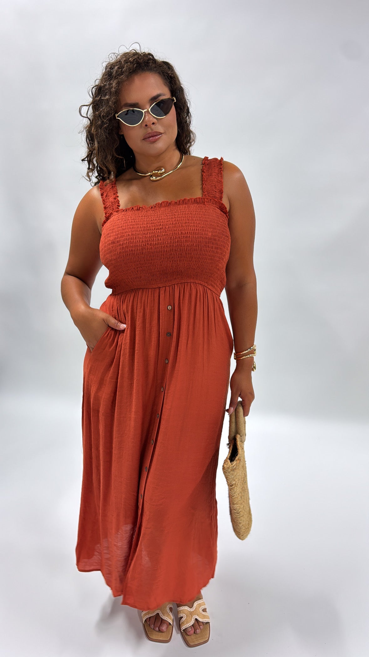 LAURA rust shirred maxi dress