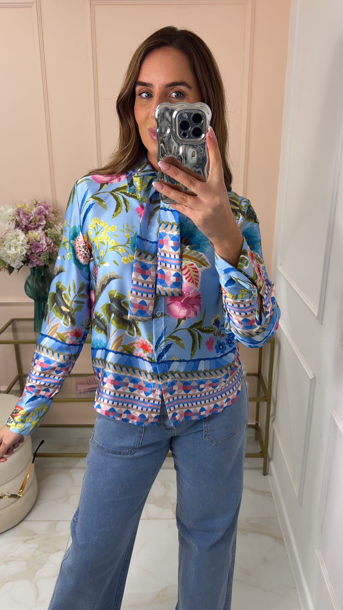 FLORENCE blue floral satin tie blouse