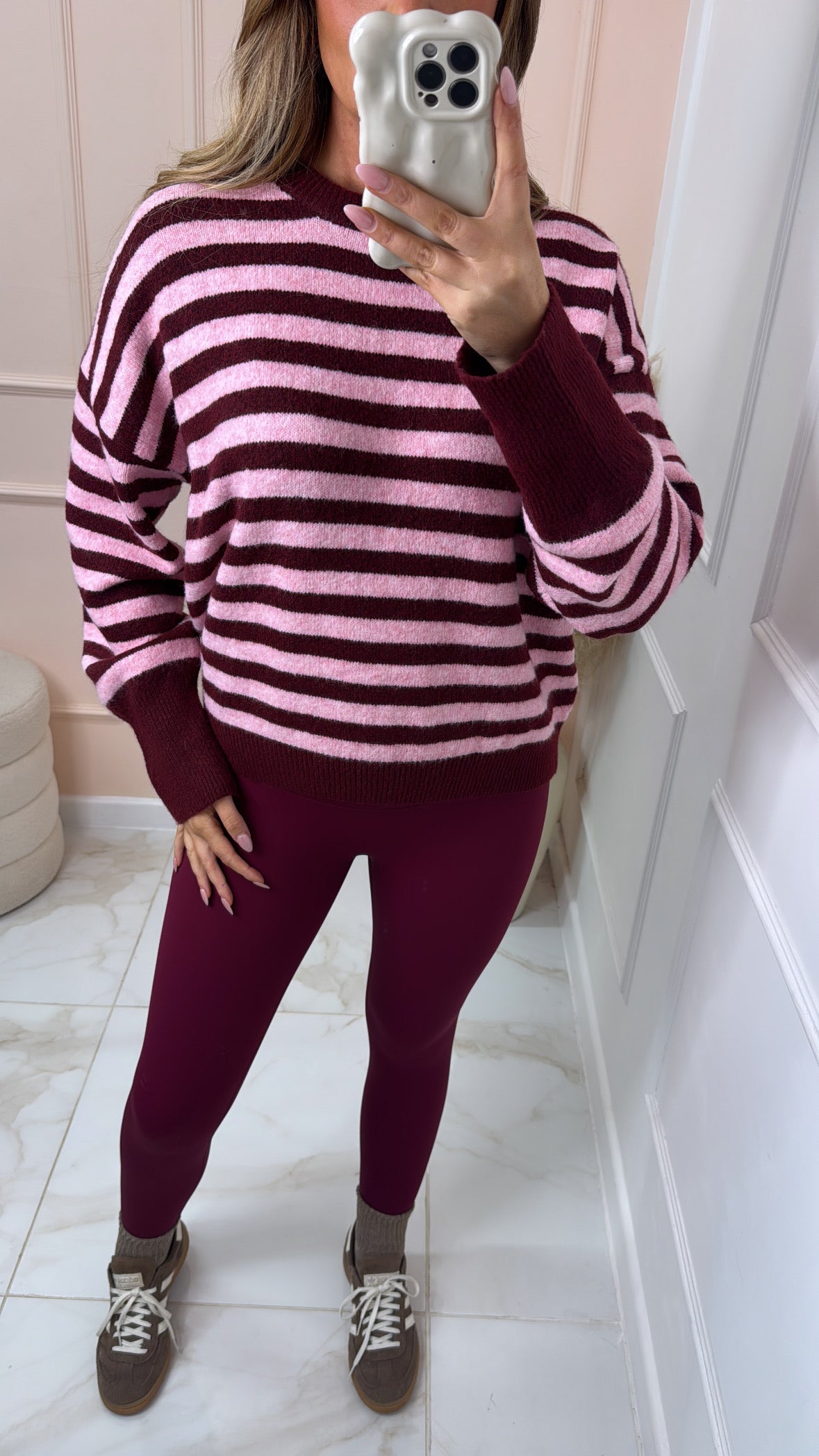 SIAN burgundy & pink stripe jumper