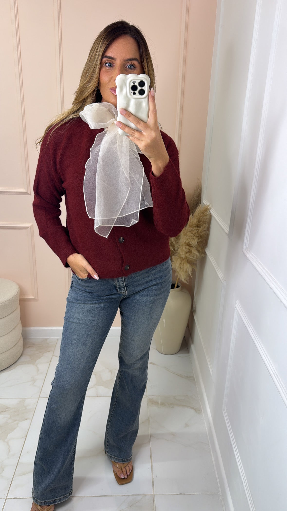 DIXIE wine organza bow knit cardigan