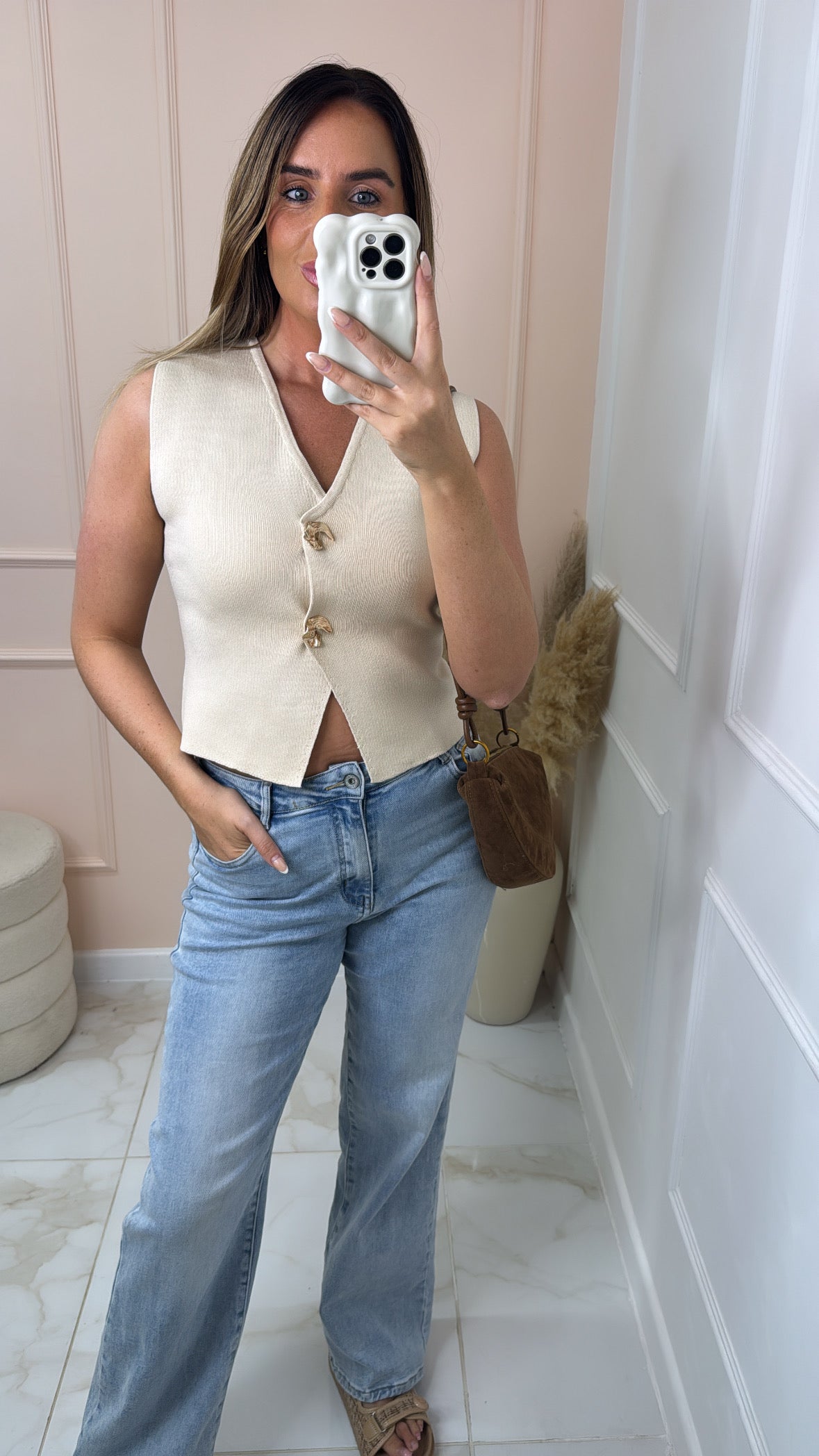 LILLIE beige fine knit button waistcoat