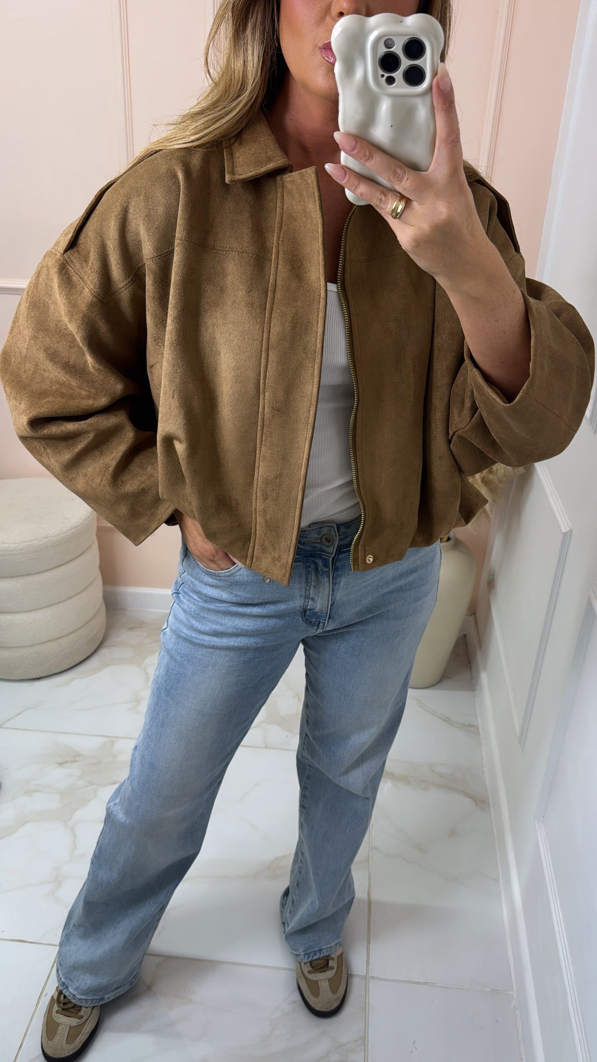 MABEL tan puffball suede jacket