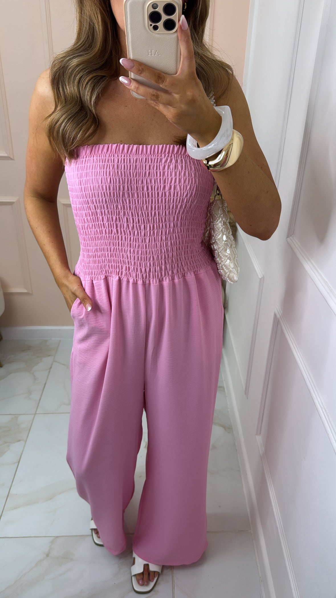 LIBBY pink shirred floaty bandeau jumpsuit