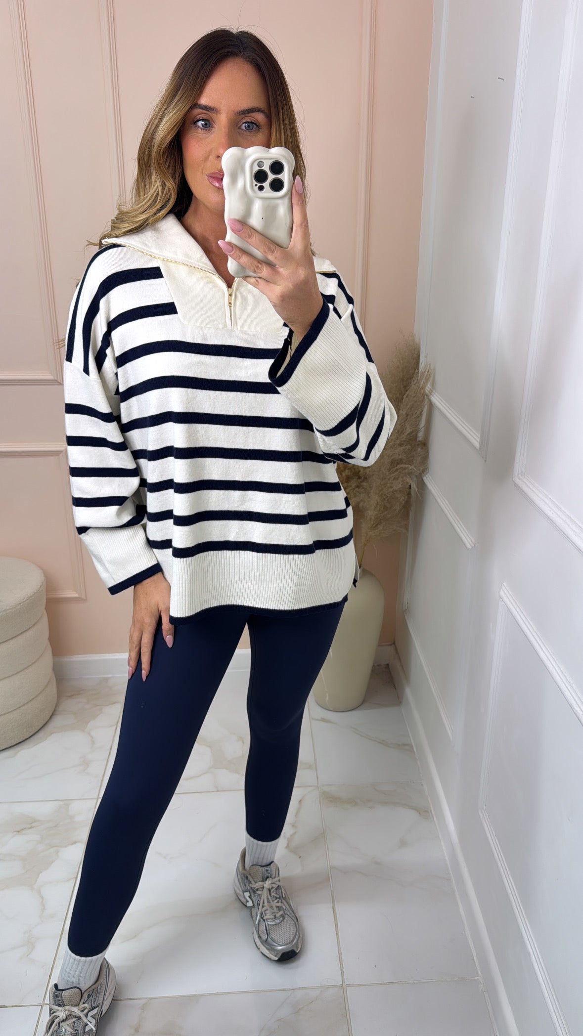 MAEVE white navy stripe knit half zip sweatshirt