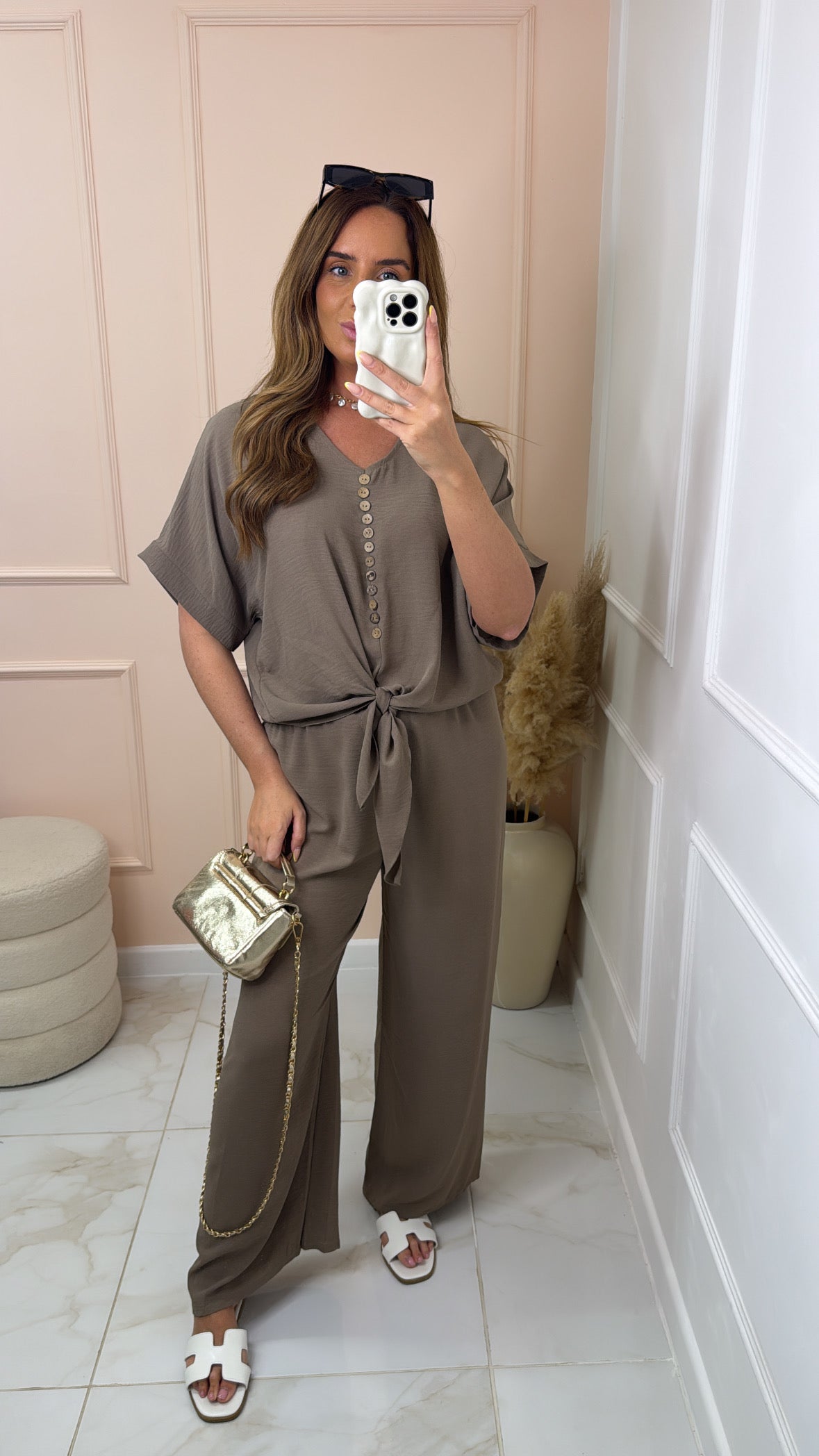 MAE taupe button tie front trouser set