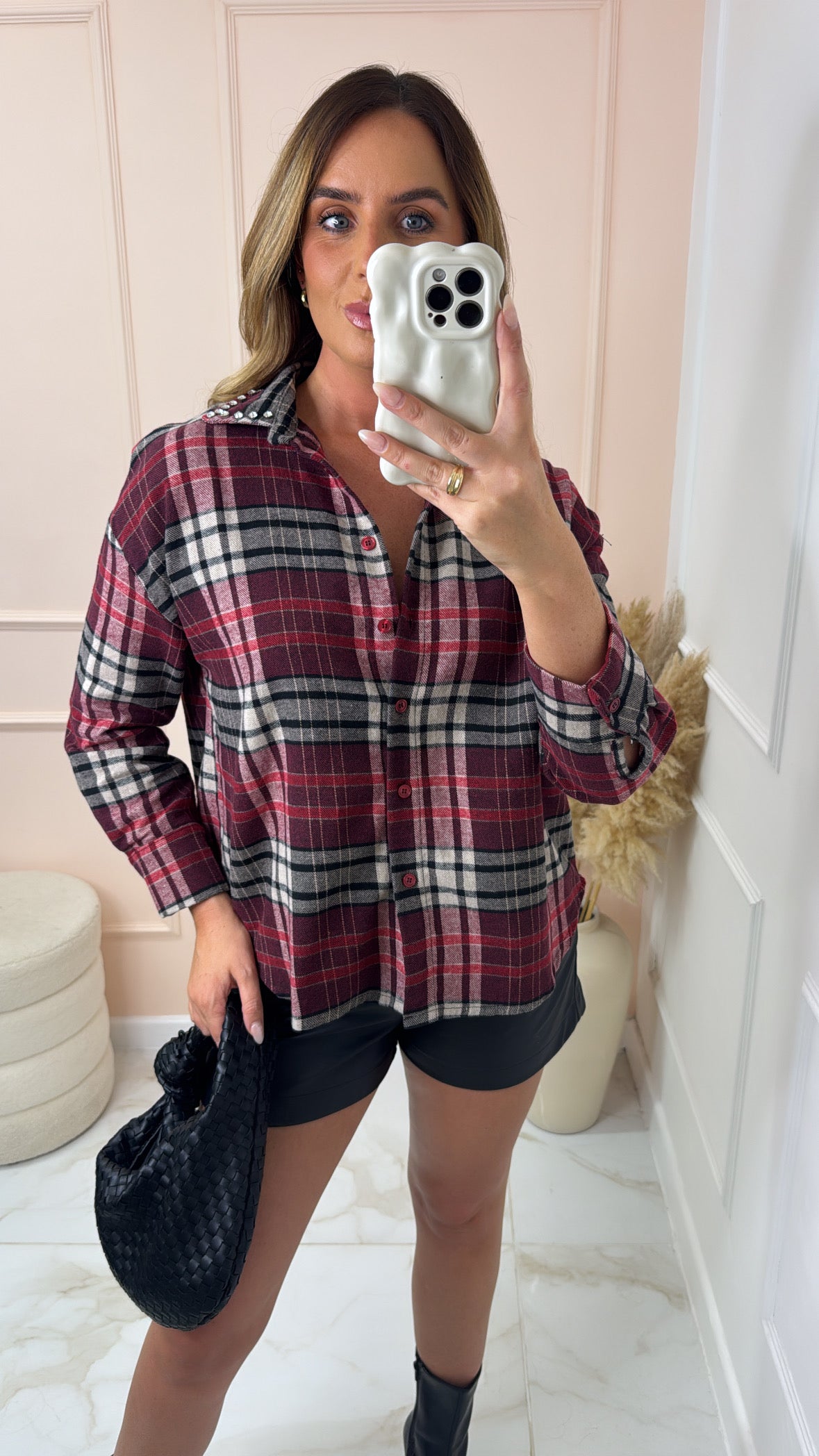 HAZEL wine check print embellished collar shirt