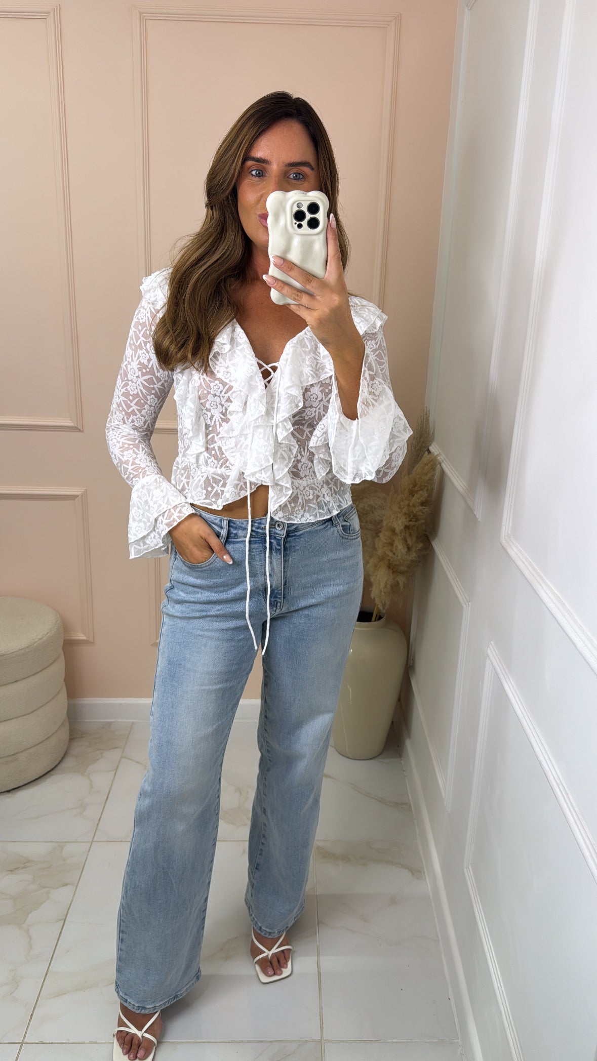 BRIELLE white sheer lace tie front blouse