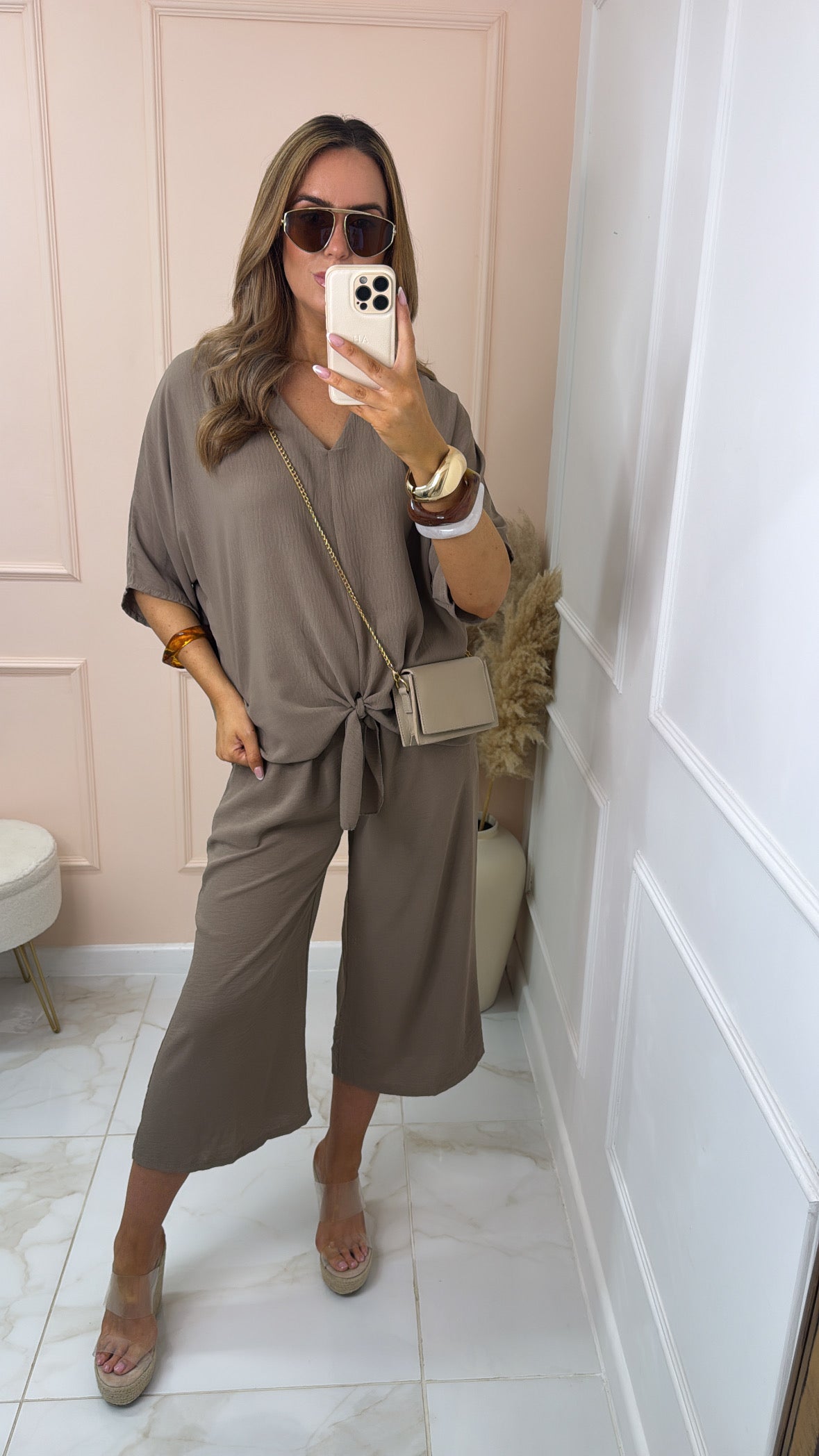 MAEVE mocha tie front relaxed trouser set