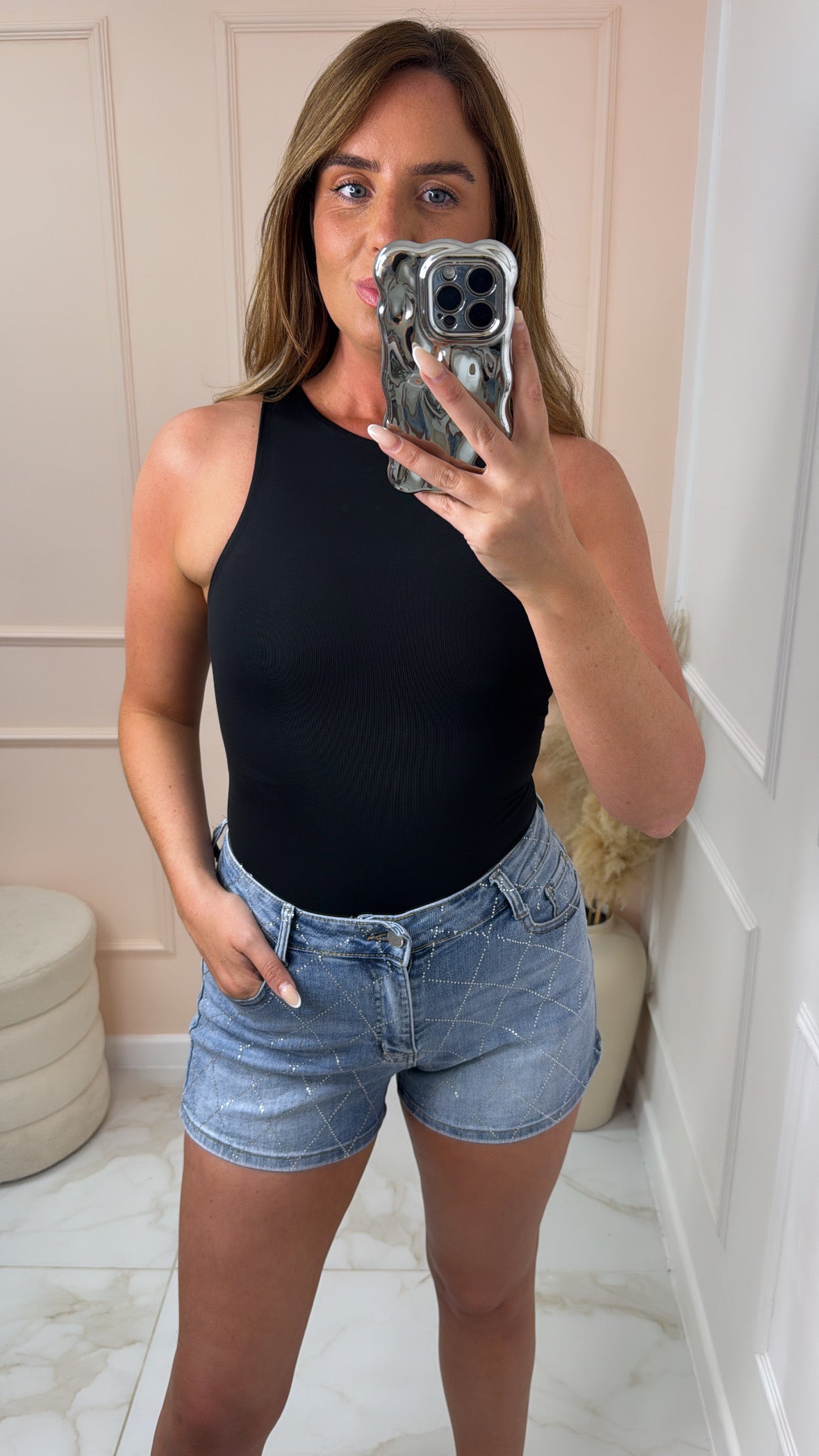 GIGI mid wash diamante denim shorts