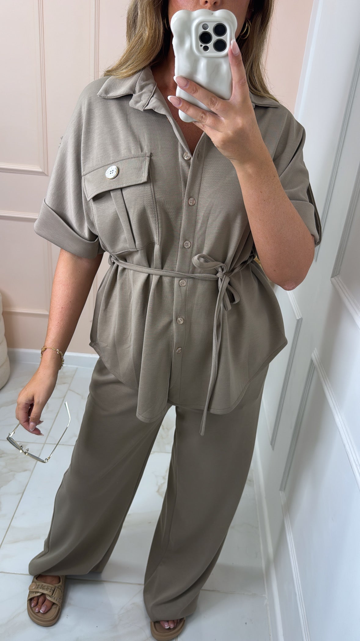 MEG taupe button up tie waist trouser set