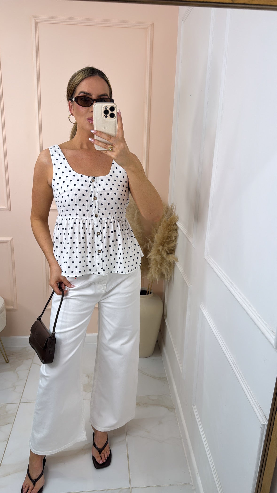 MARNIE white navy polka dot top