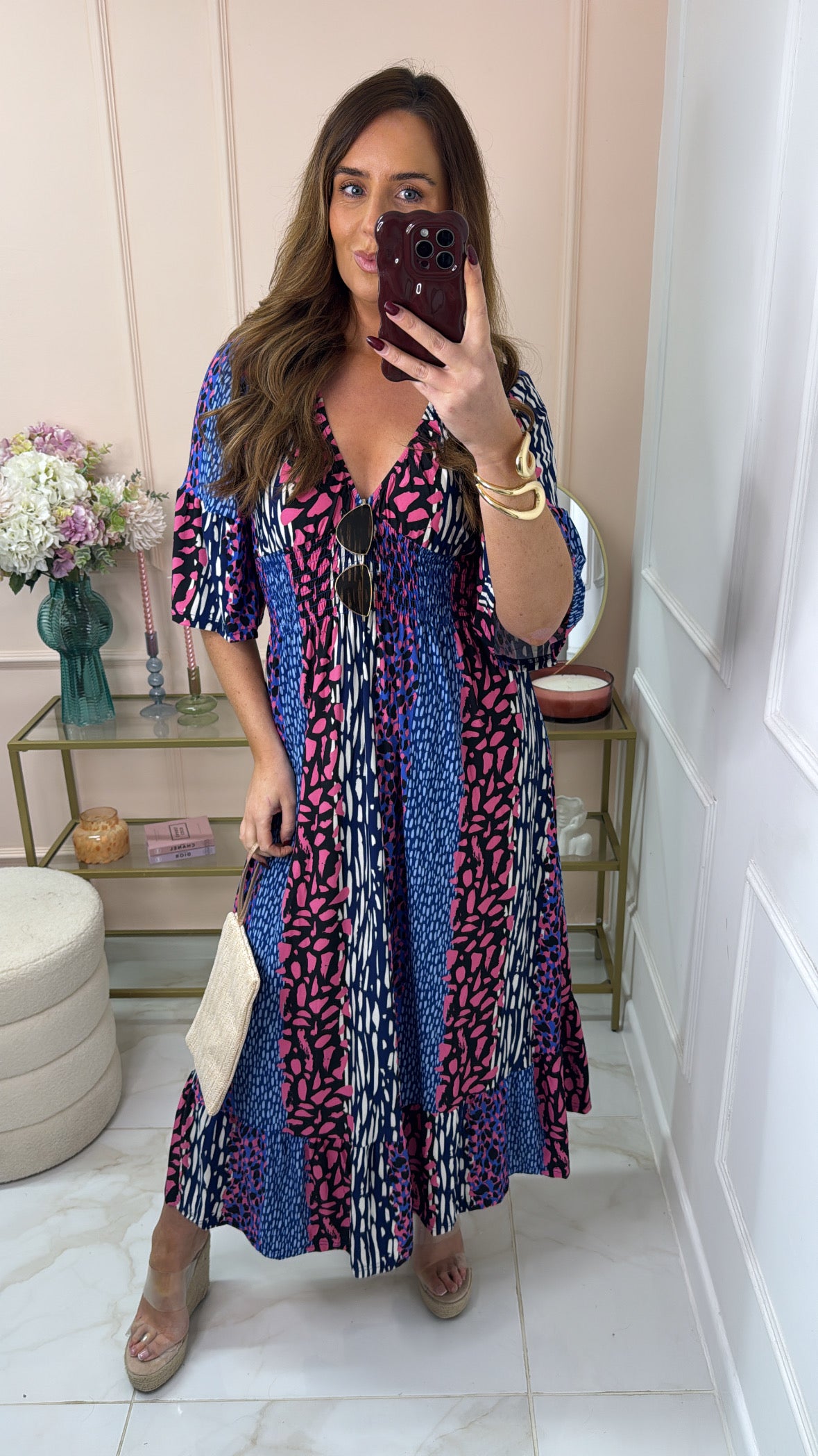 JUNA blue & pink leopard shirred waist midi dress