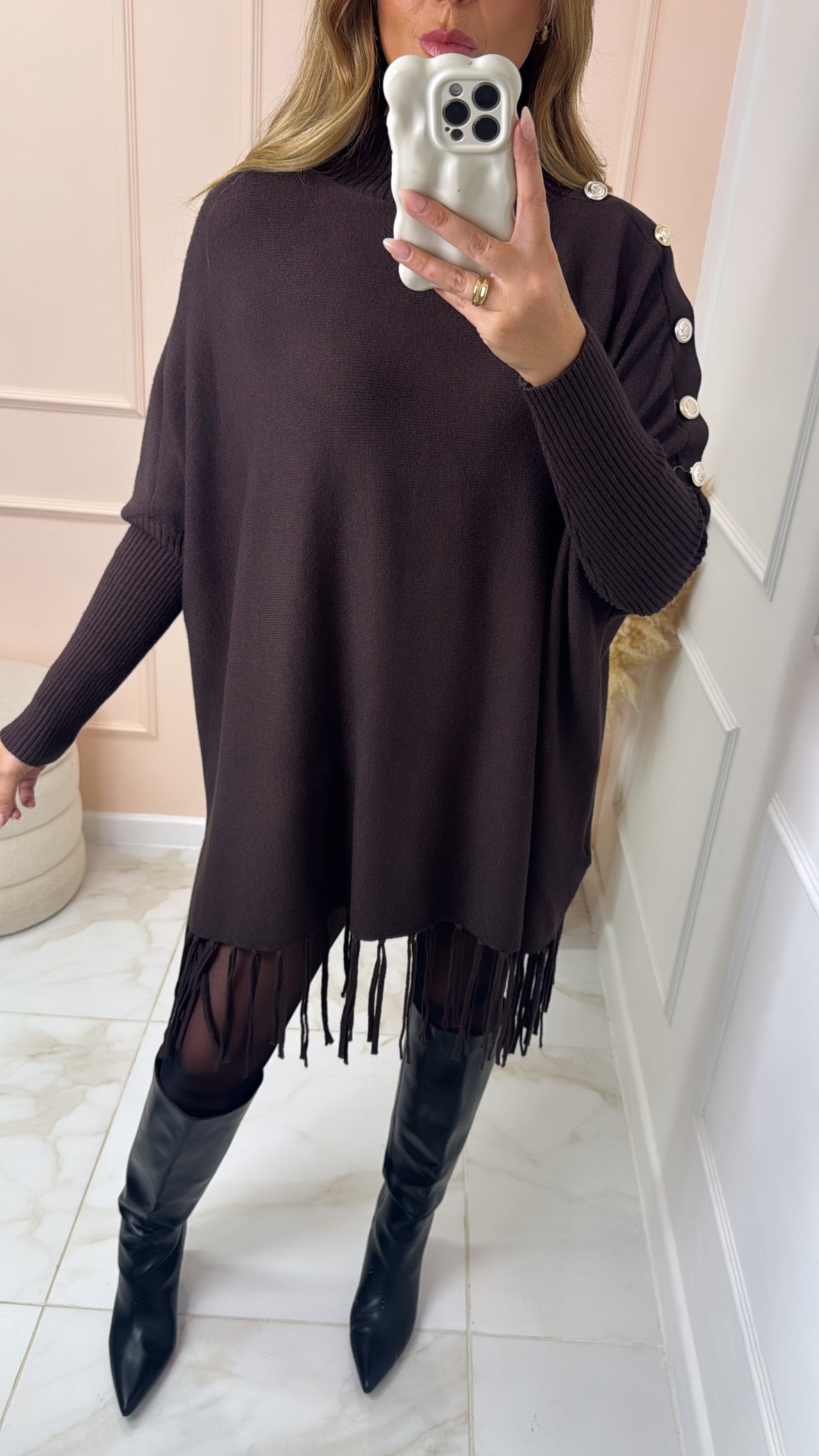 MERCY brown fine knit fringed jumper