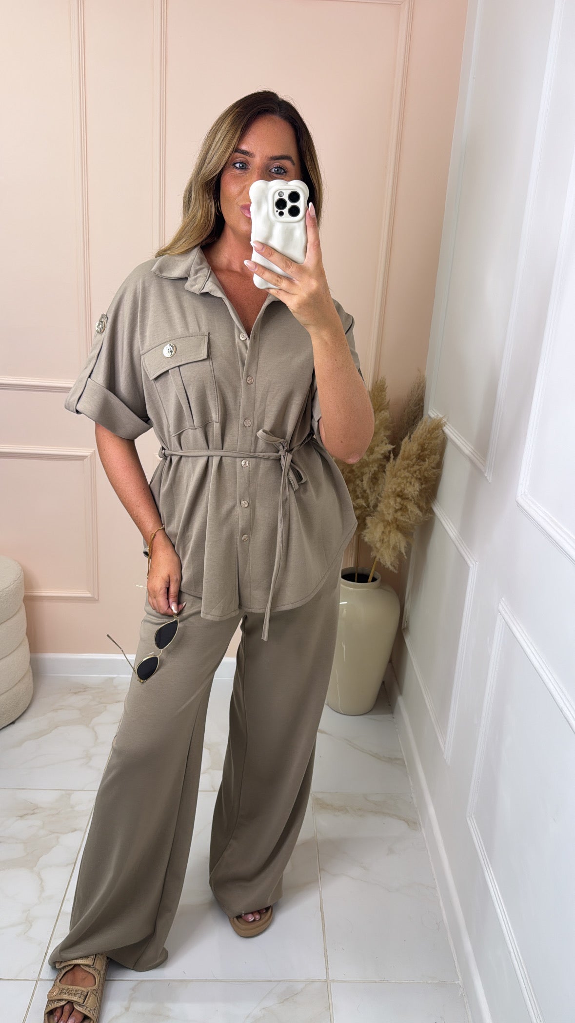 MEG taupe button up tie waist trouser set