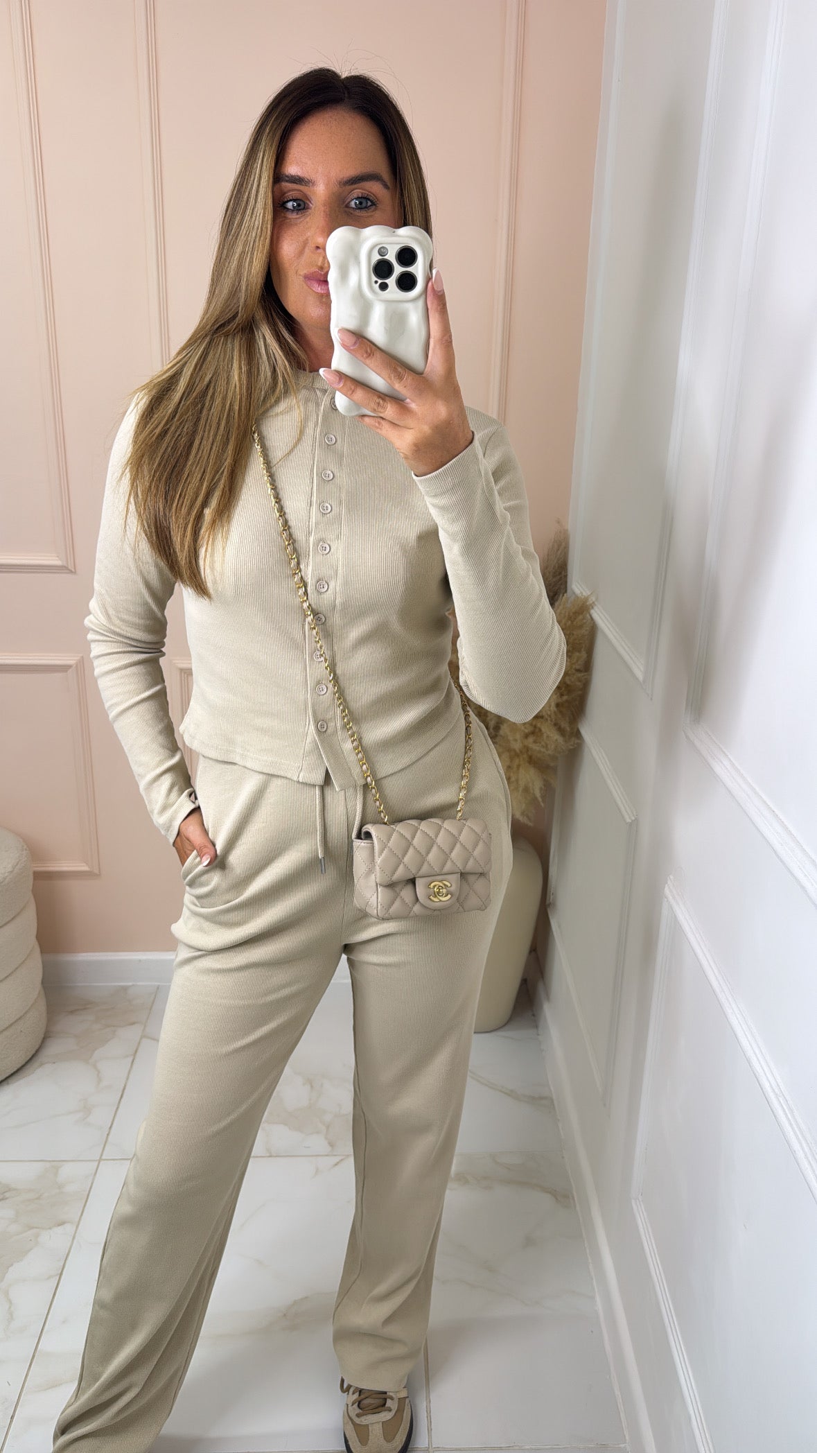 SHARNA beige ribbed button lounge set