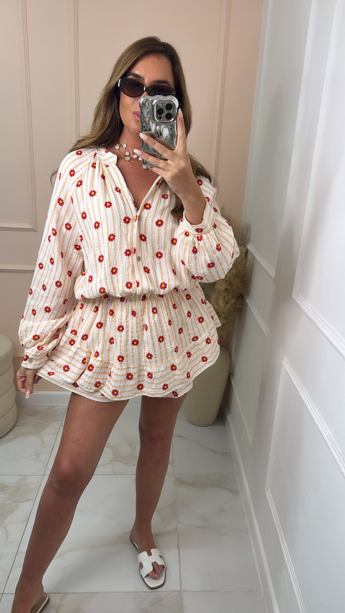 LILLIAN peach daisy stripe cheesecloth playsuit