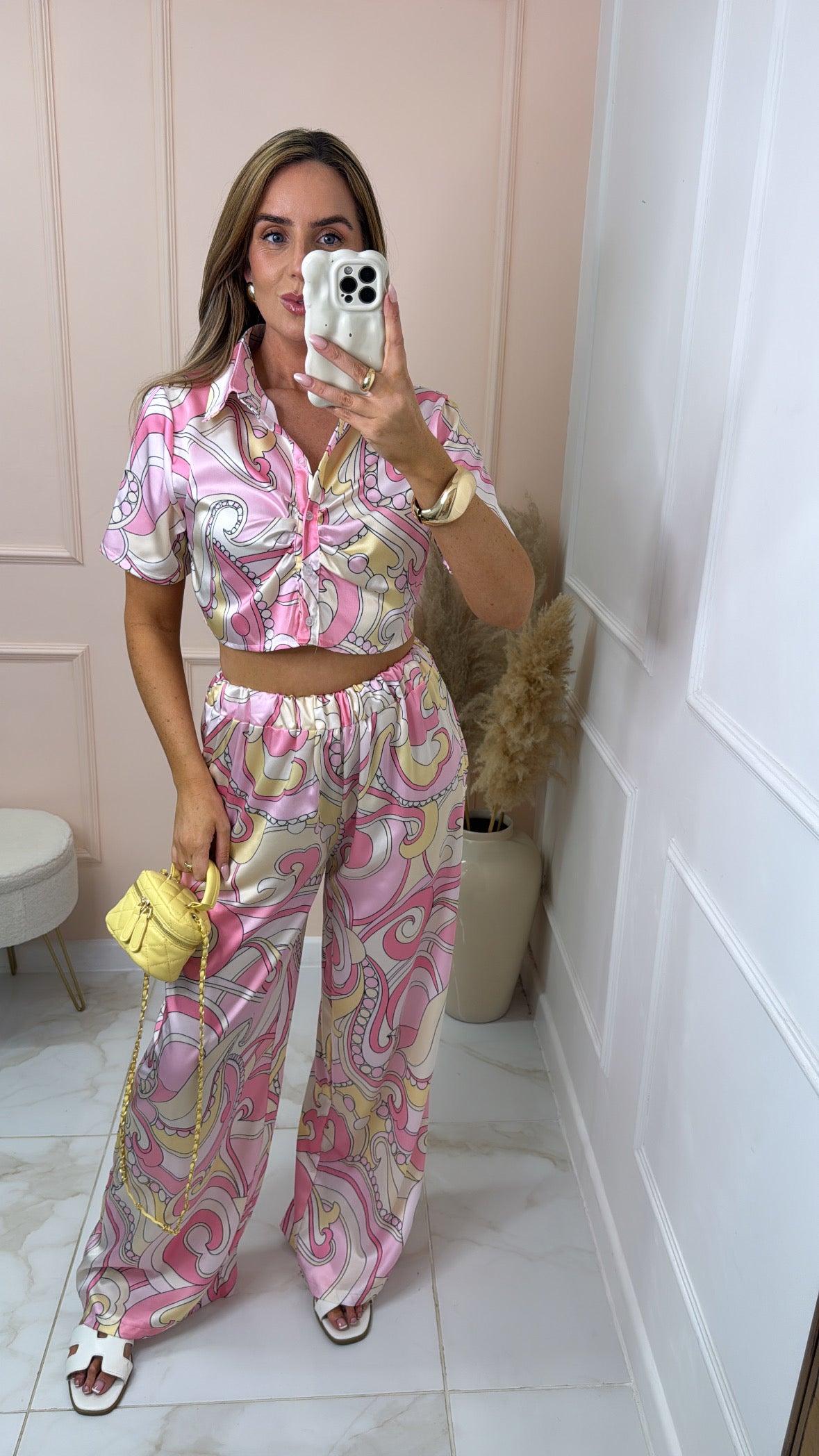 FELICITY pink retro print silky trouser set