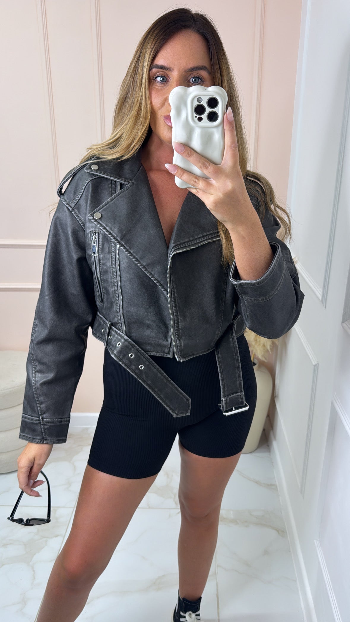 UNA charcoal faux leather cropped biker jacket