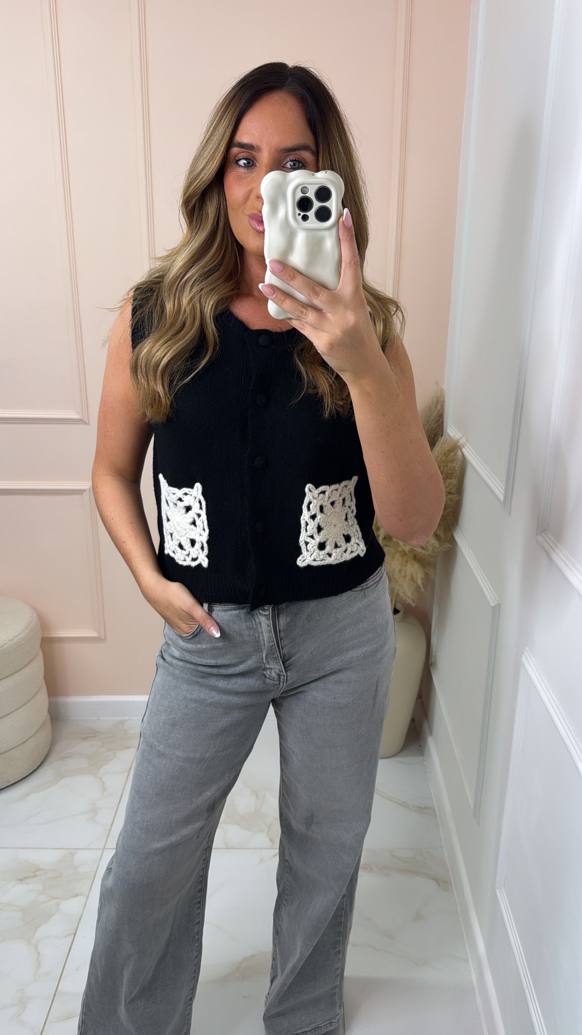 LAUREN black crochet pocket knit tank top