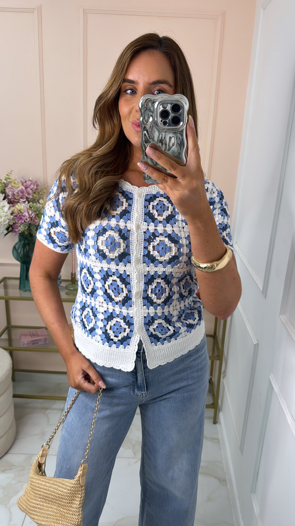 CORA blue scallop crochet top
