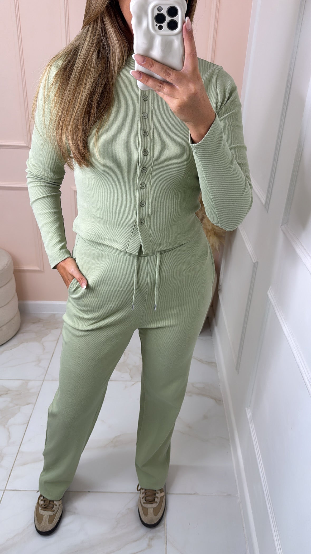 SHARNA sage ribbed button lounge set