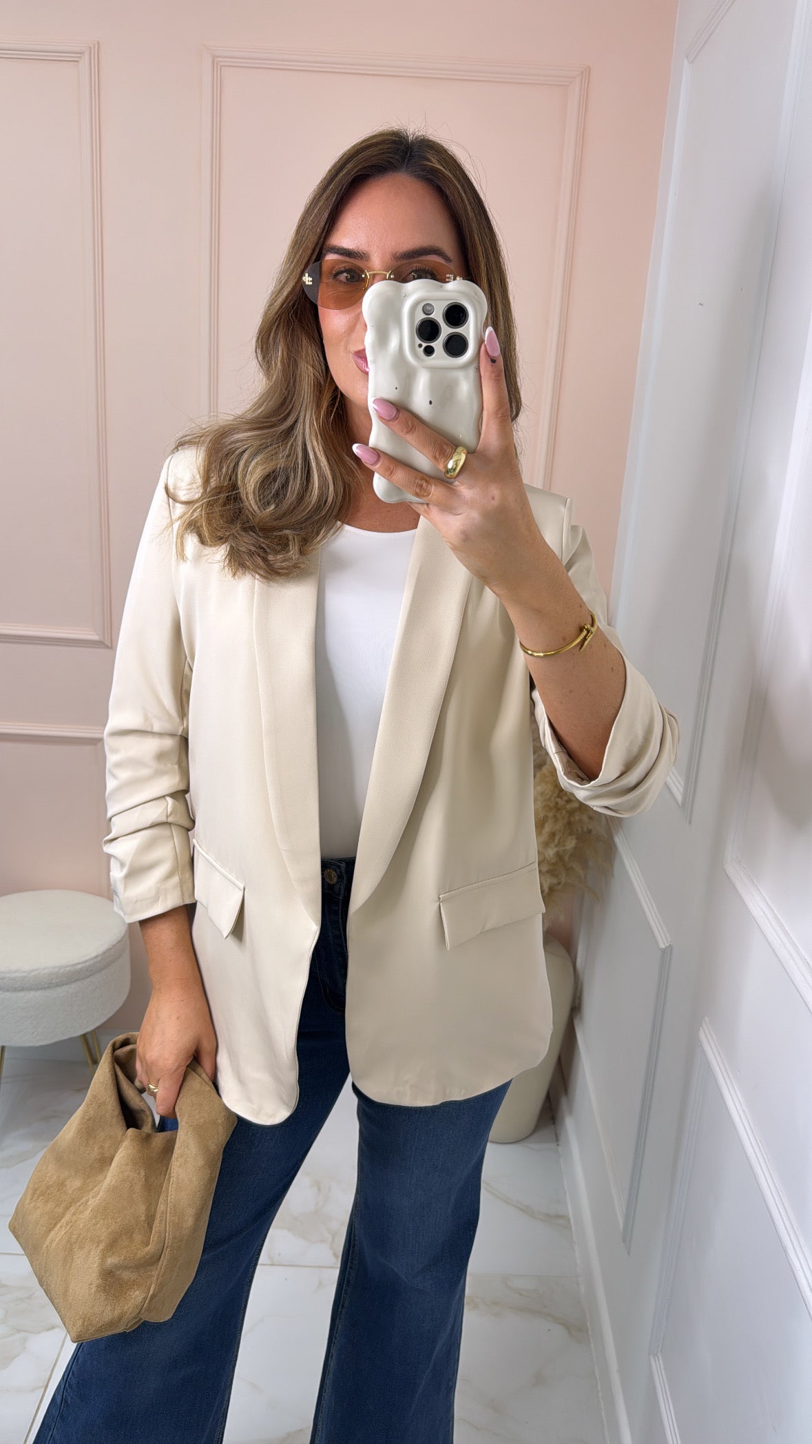 CAMILLA beige ruched sleeve blazer