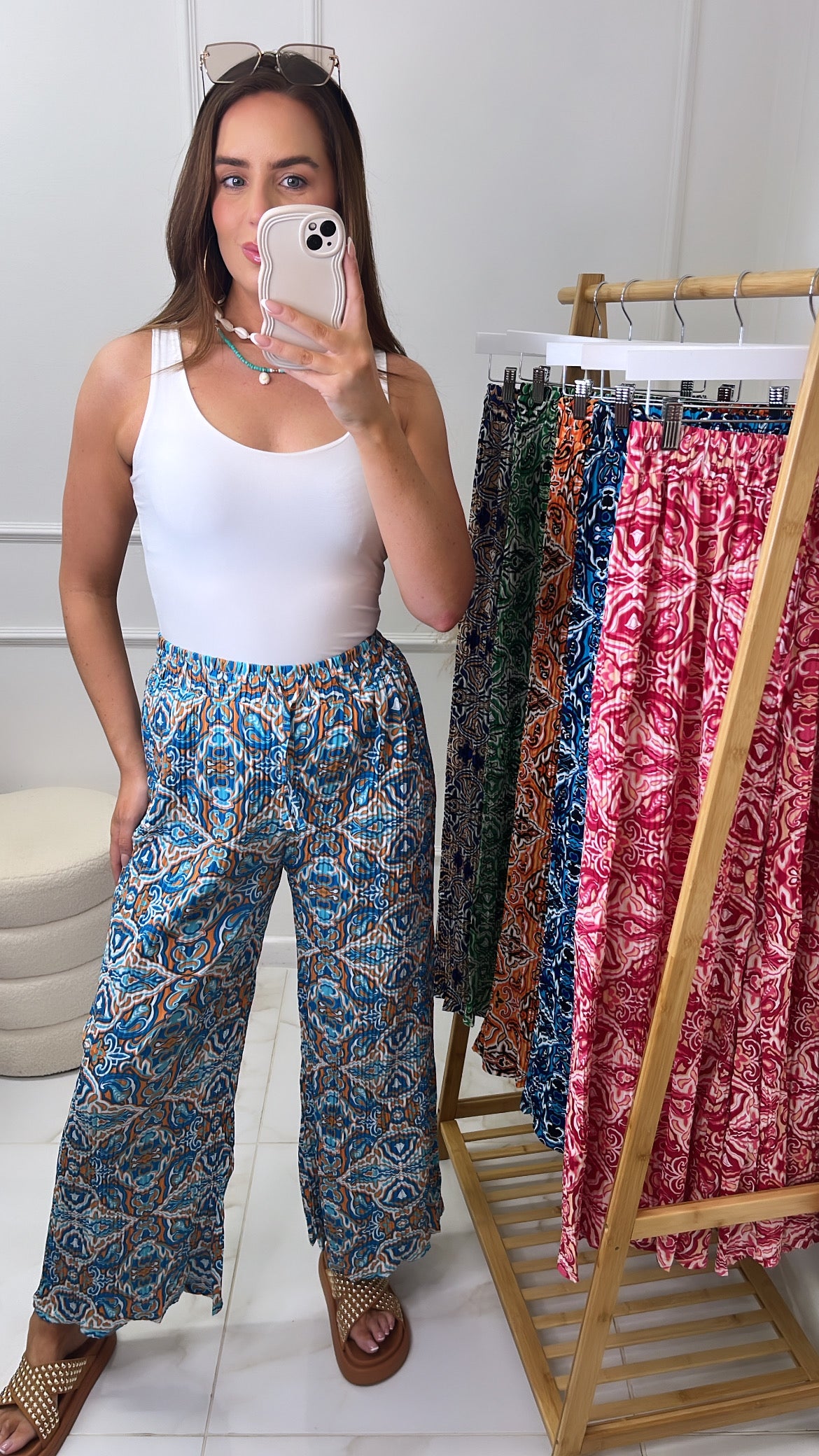 CARMEN turquoise printed pleat trousers