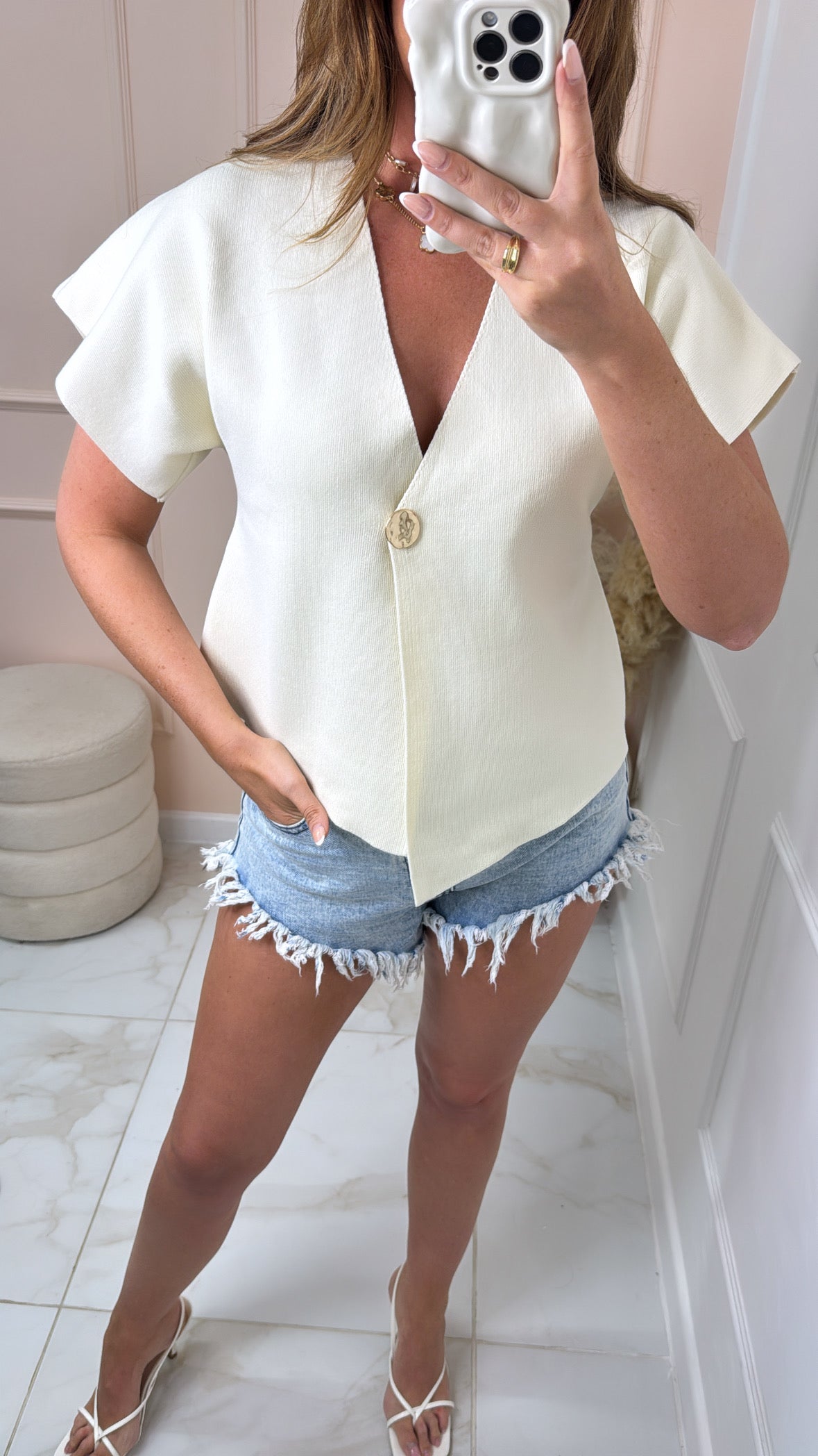 LARISSA beige button fine knit top