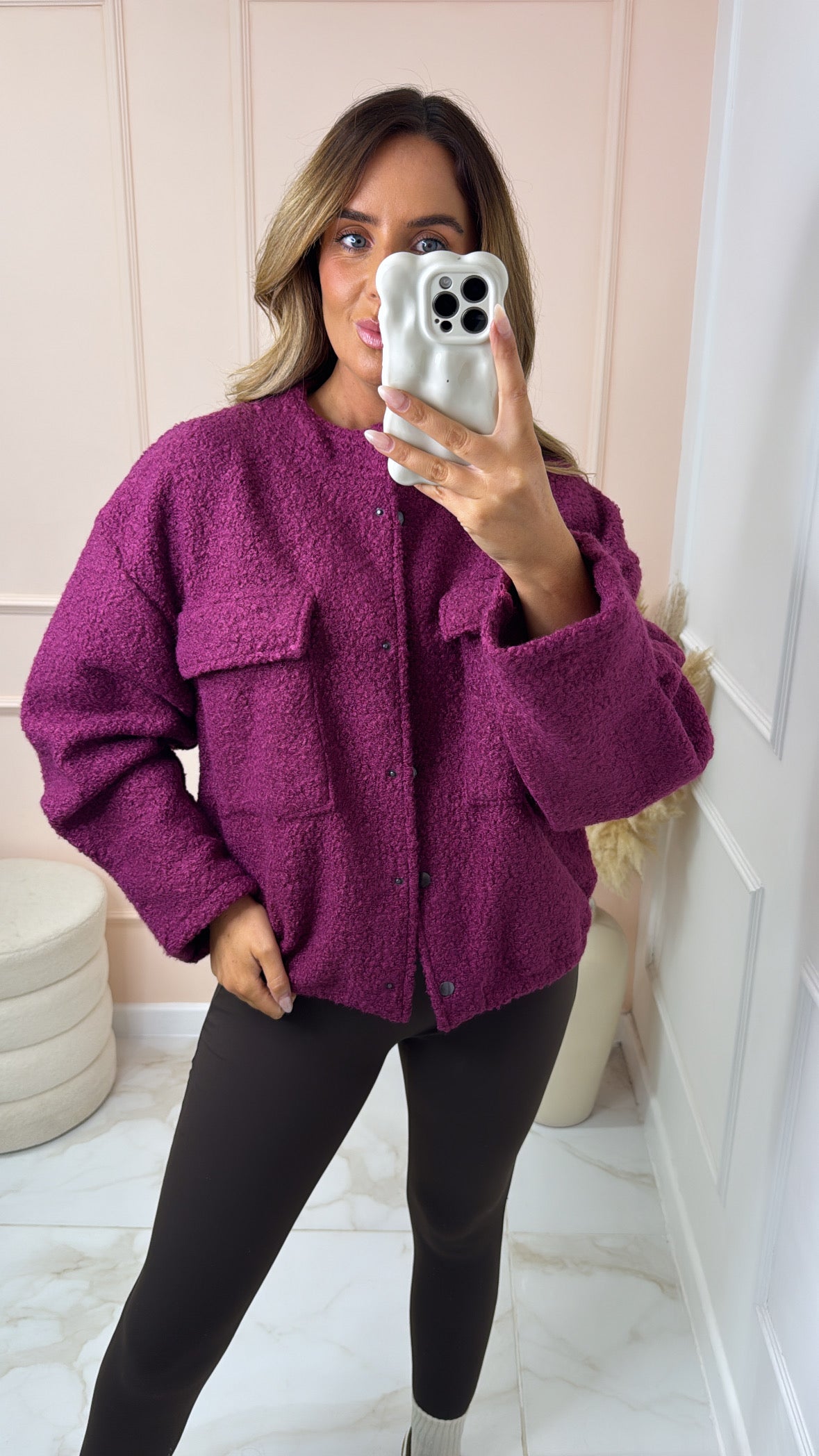 REMI magenta woolen effect oversized bomber jacket