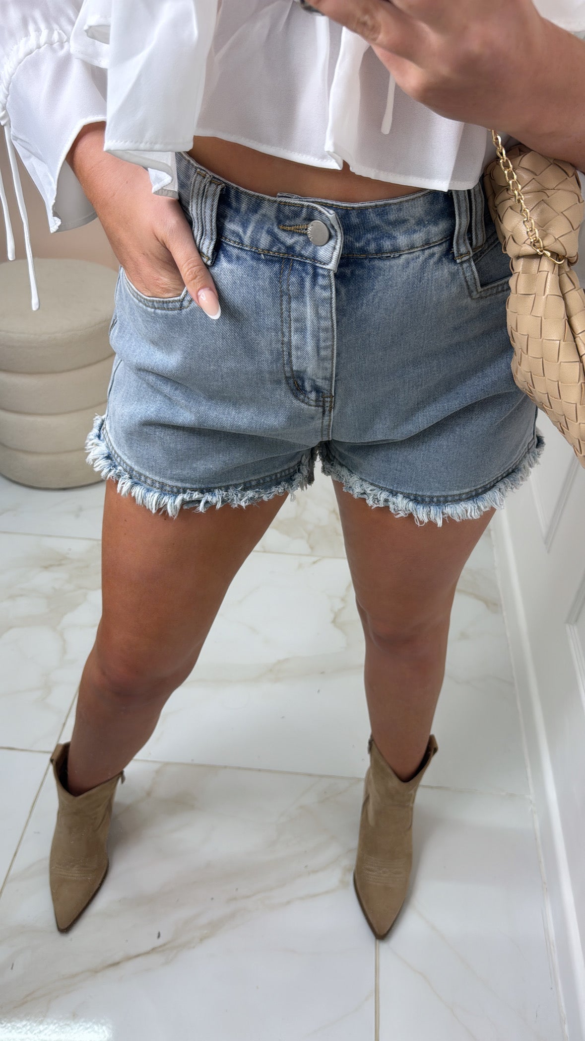 BLAKE mid blue frayed denim shorts