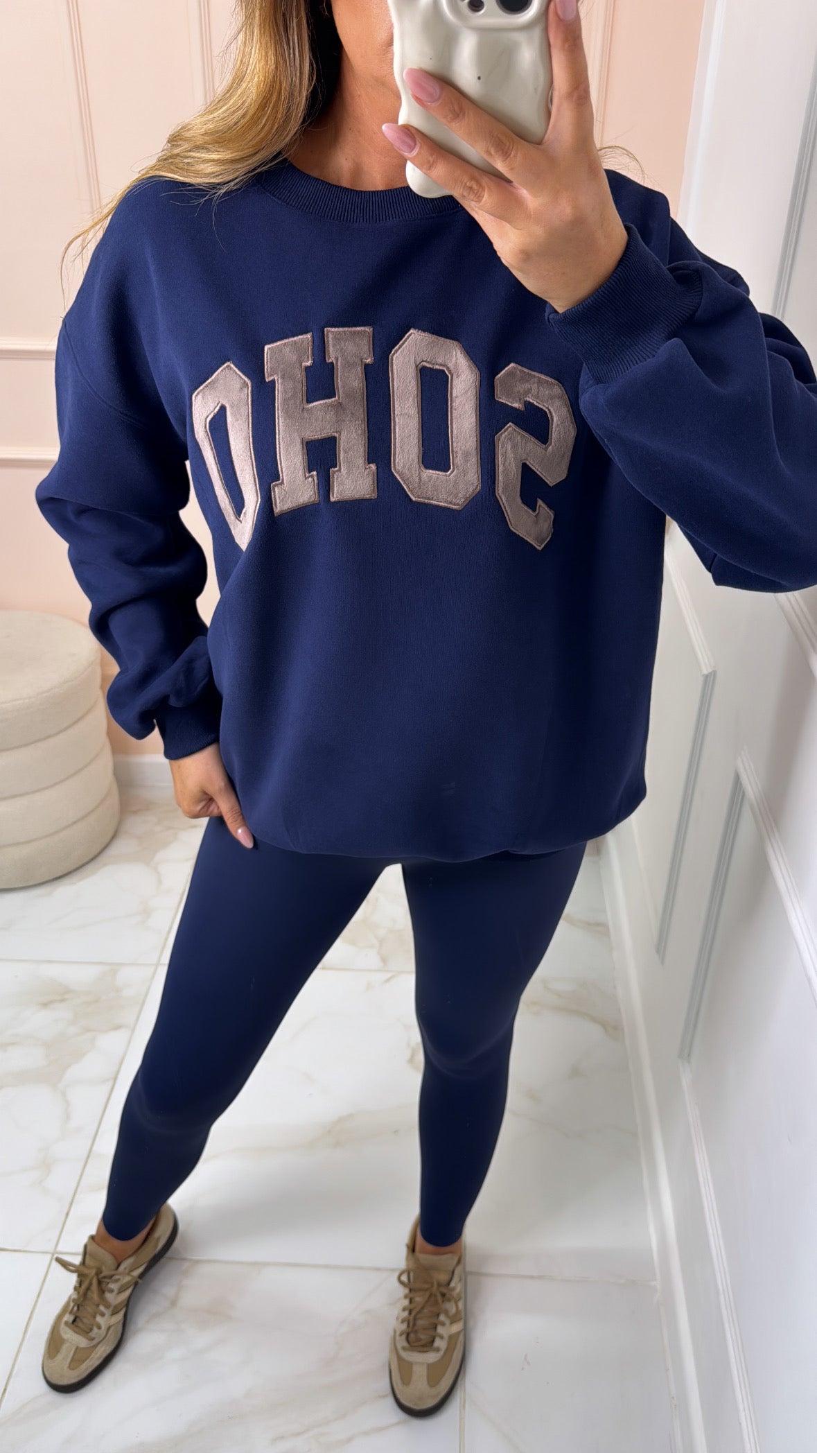 SOHO navy embroidered slogan sweatshirt