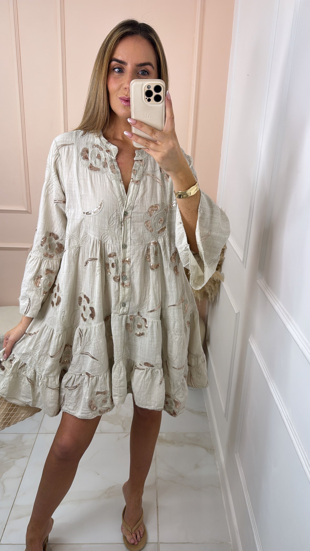 MELODY beige sequin embroidered smock dress Adela Boutique MELODY beige sequin embroidered smock dress Adela Boutique