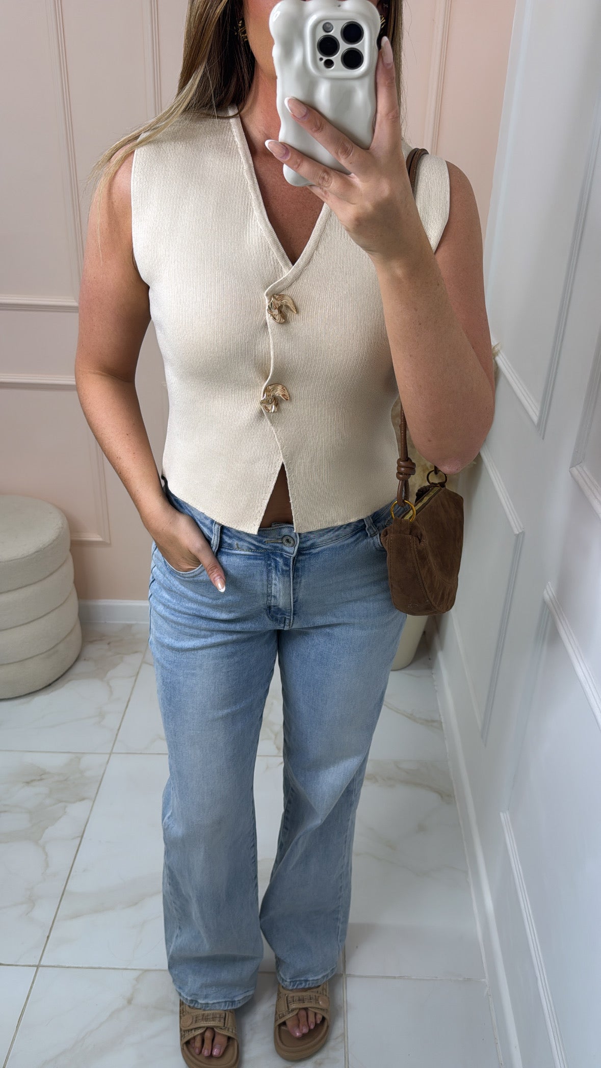 LILLIE beige fine knit button waistcoat