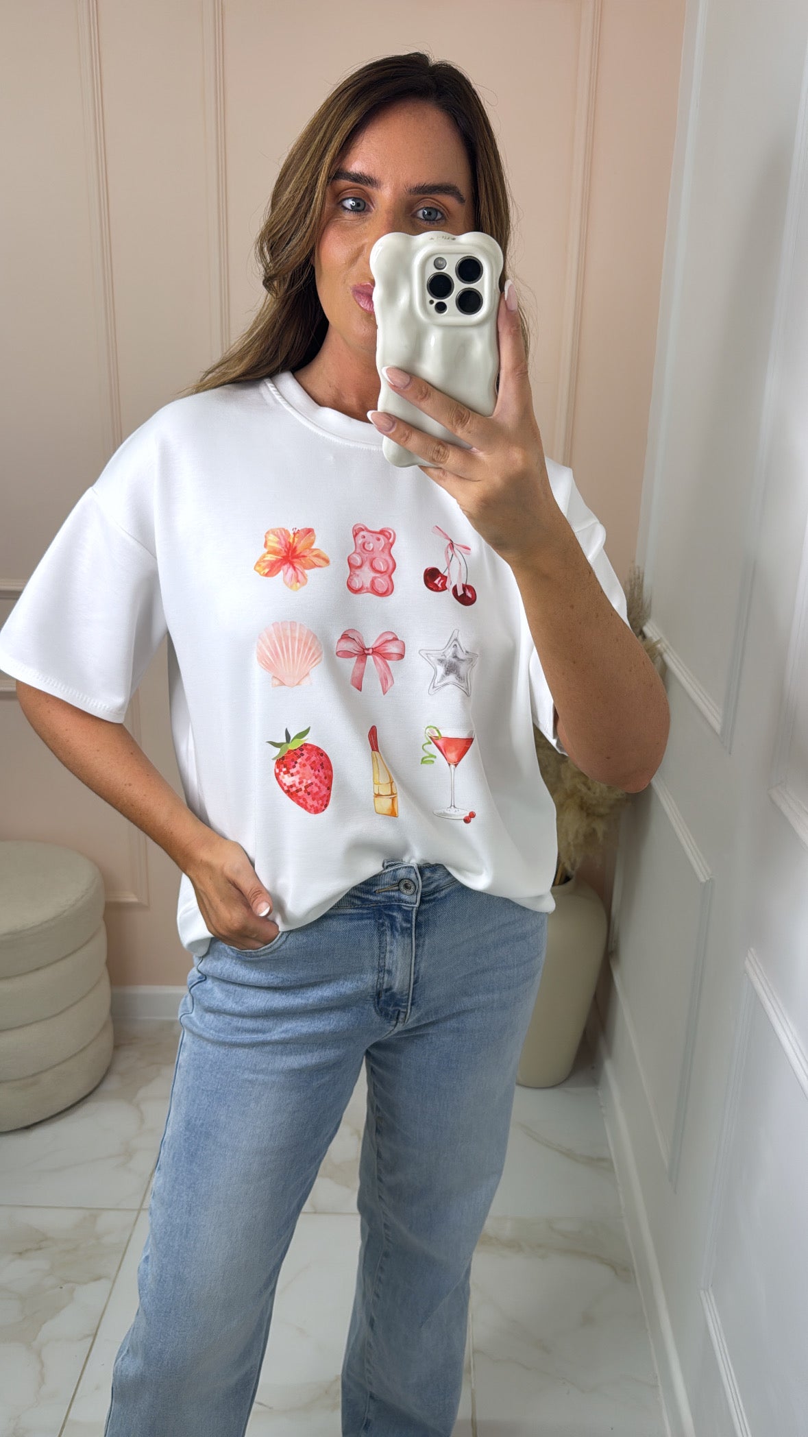 HALLIE white pink and red motif t shirt