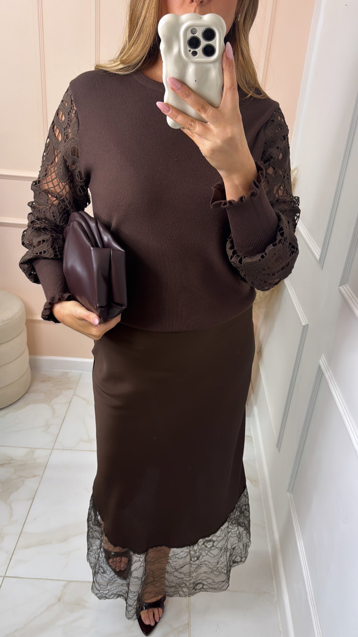 SHARNA brown satin lace midaxi skirt