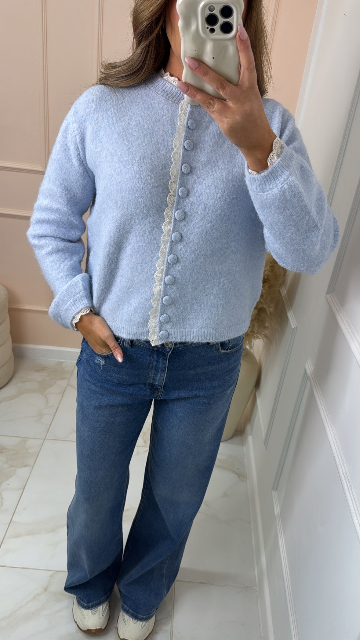 FINLEY powder blue broderie trim cardigan