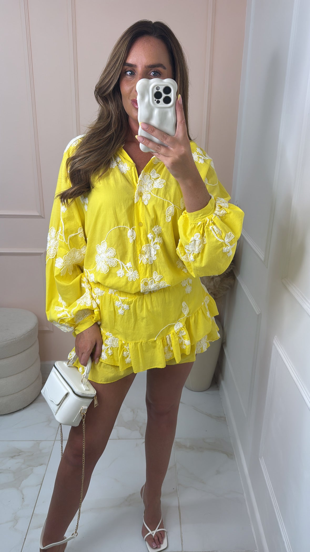 EMILIA yellow embroidered floral skort set