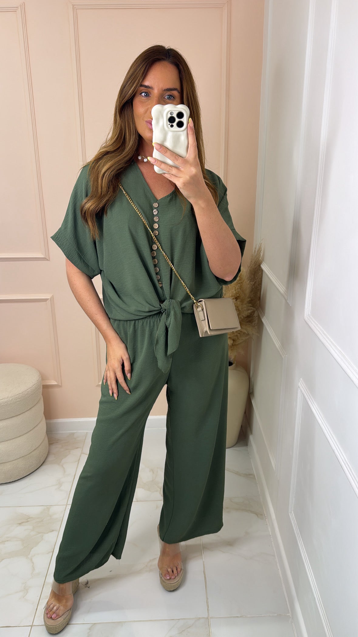 MAE khaki button tie front trouser set