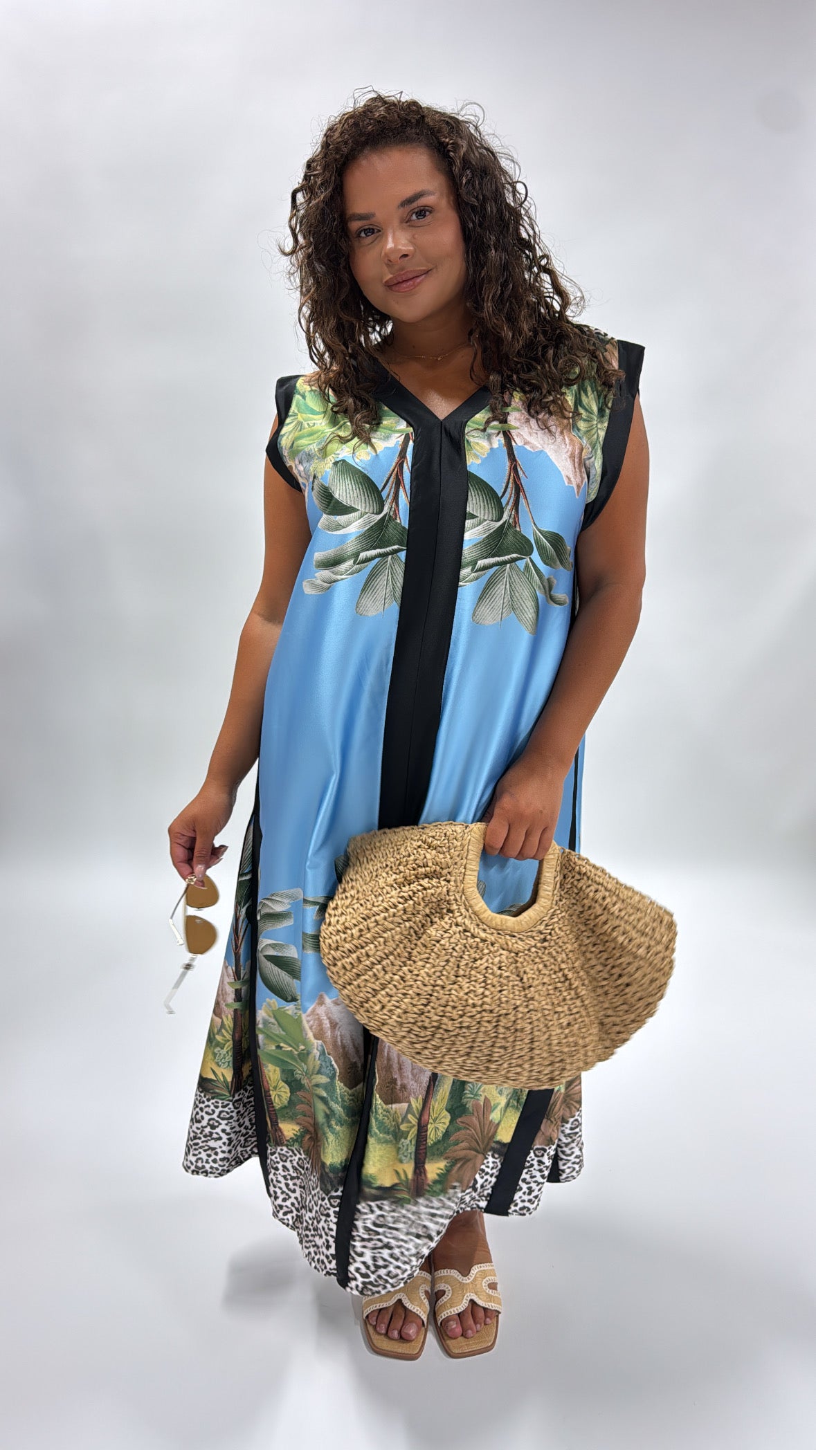 ELLIE blue leaf print satin sleeveless maxi dress