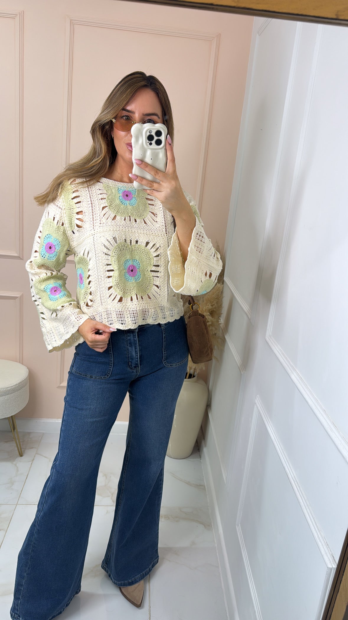 BETH mid wash patch pocket flared jeans