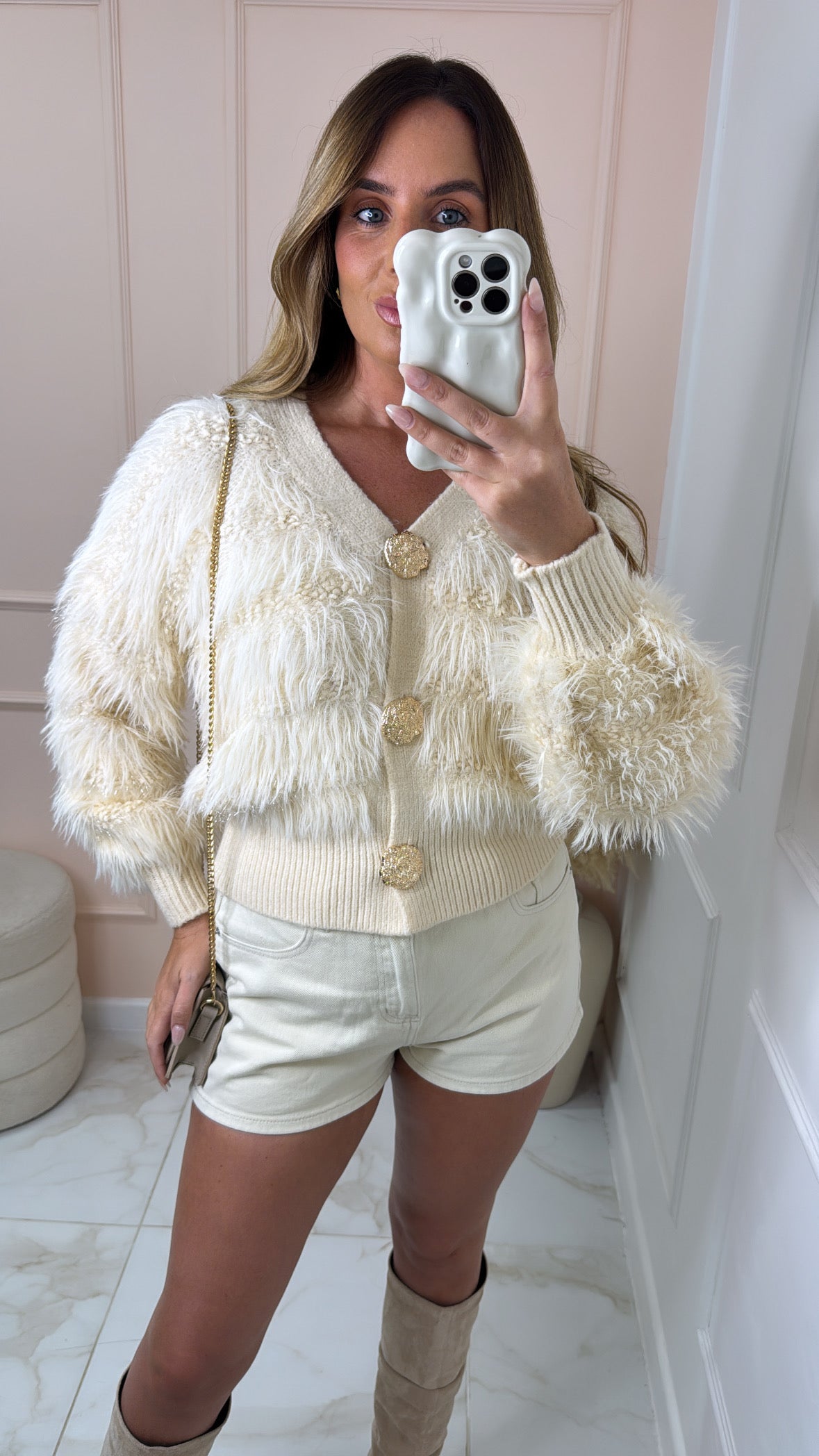 ROBERTA cream faux fur metallic cardigan