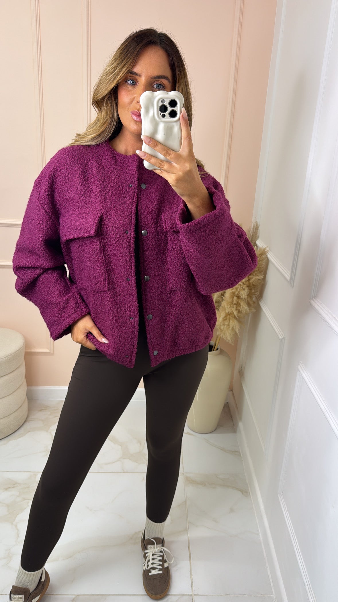 REMI magenta woolen effect oversized bomber jacket