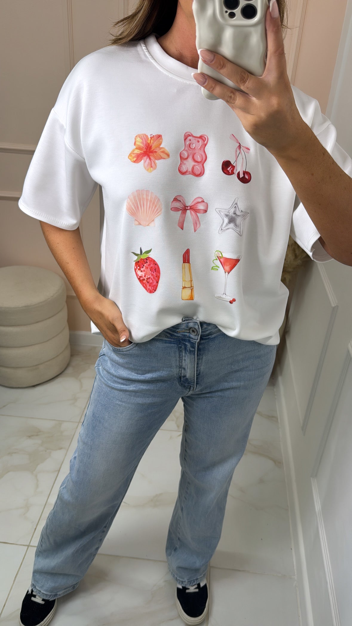 HALLIE white pink and red motif t shirt