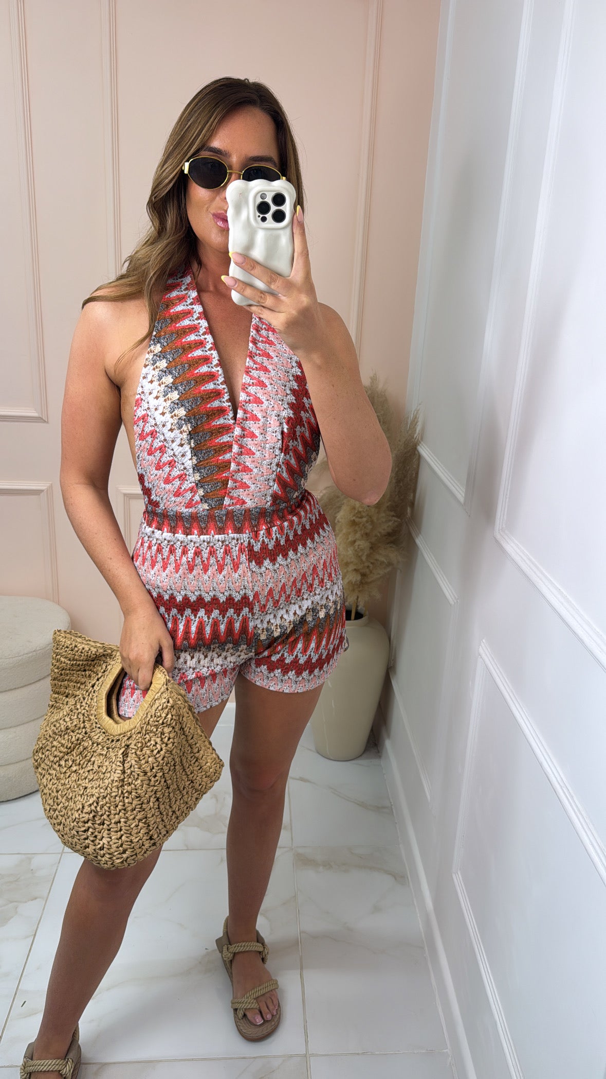 ABBIE red zig zag halterneck playsuit