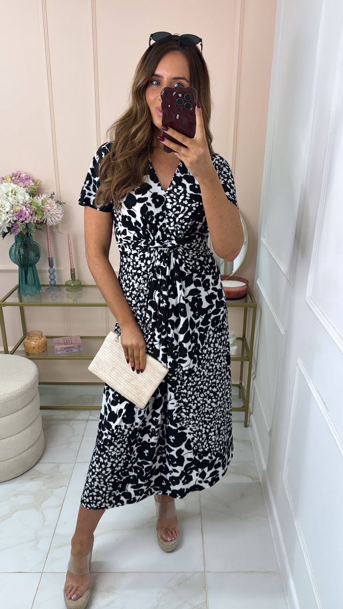 YAZMIN black floral twist waist midi dress